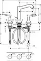 Waschtischarmatur mit drei Löchern, zwei Hebelgriffen und verchromter Oberfläche, designed von Hansgrohe. Abflussgarnitur mit Zugstange sichtbar im unteren Bereich.